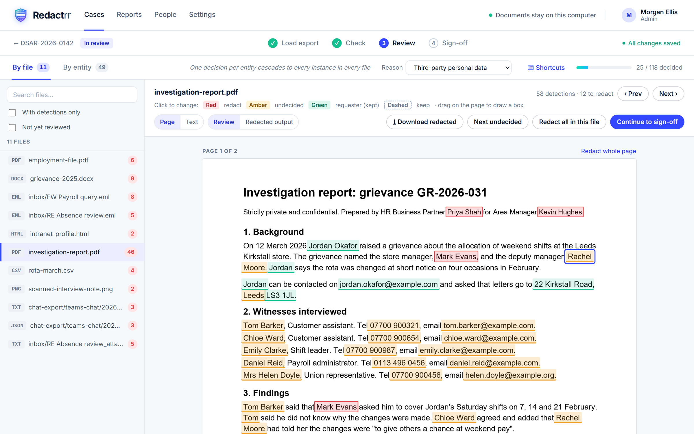 Redactrr review screen: an investigation report with other people's names highlighted for redaction and the requester's details kept